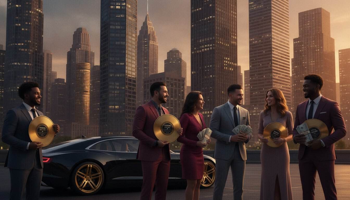 Music professionals holding gold records beside a luxury car, illustrating wealth in hip-hop.