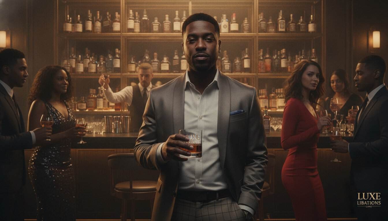 Rapper promoting a beverage brand in an upscale bar, illustrating endorsement income.