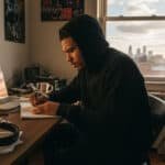 Young rapper writing lyrics in home studio