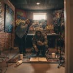 Two hip hop artists collaborating in studio