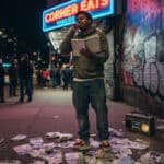 Rapper performing on urban street at night