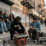 Hip-hop artists gather on graffiti-tagged city street