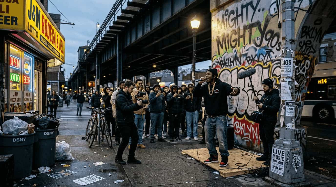 Hip-hop artist filmed in urban street scene