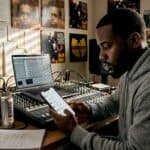 Hip-hop artist replying to fans in studio