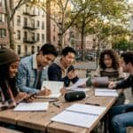 Group writing hip-hop lyrics at city park table