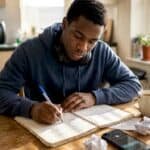Young man writing rap lyrics at kitchen table