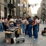 1970s block party with DJ and graffiti