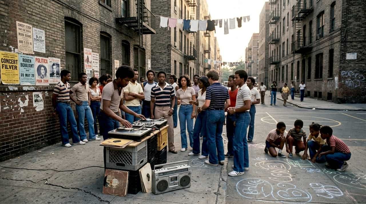 1970s block party with DJ and graffiti