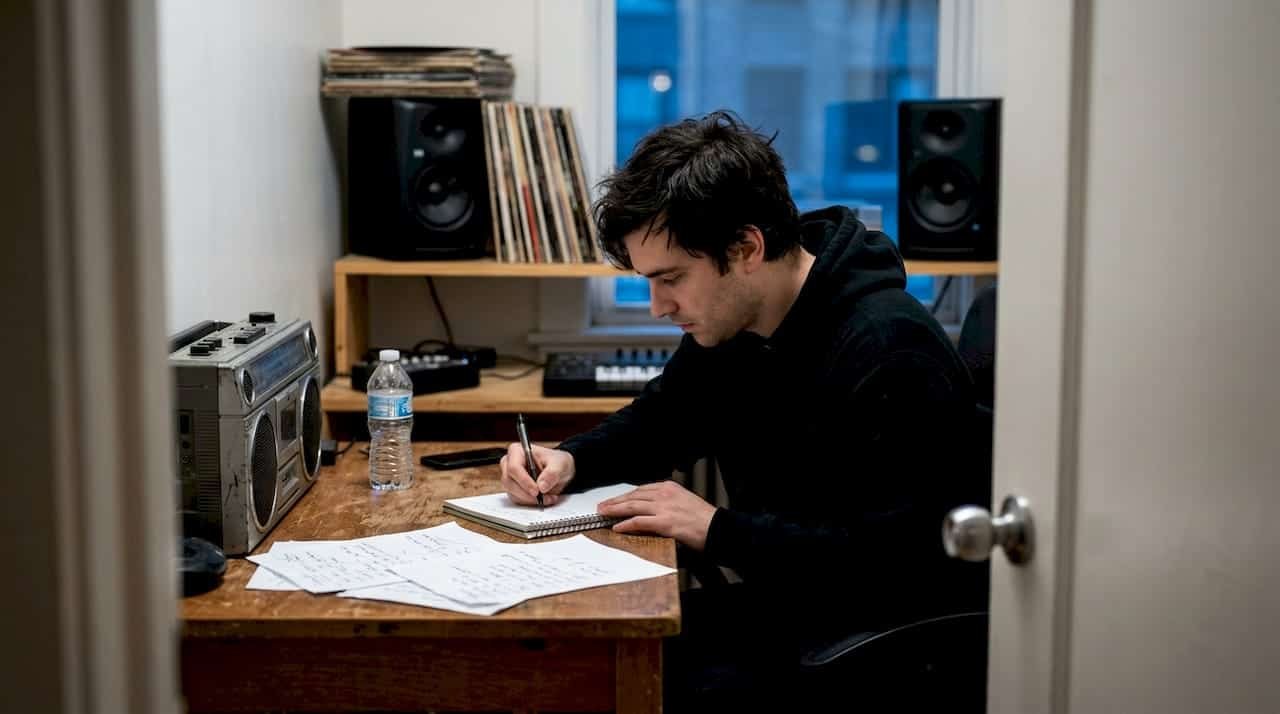 Rapper writing lyrics in home studio