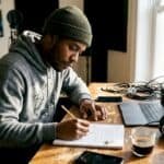 Rapper writing lyrics in home studio