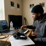 Hip-hop artist working in home studio