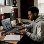 Hip-hop producer working in cluttered home studio