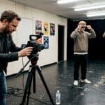 Director and rappers in hip hop video studio