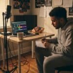 Rapper writing lyrics in home recording studio