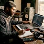 Producer working in home hip-hop studio