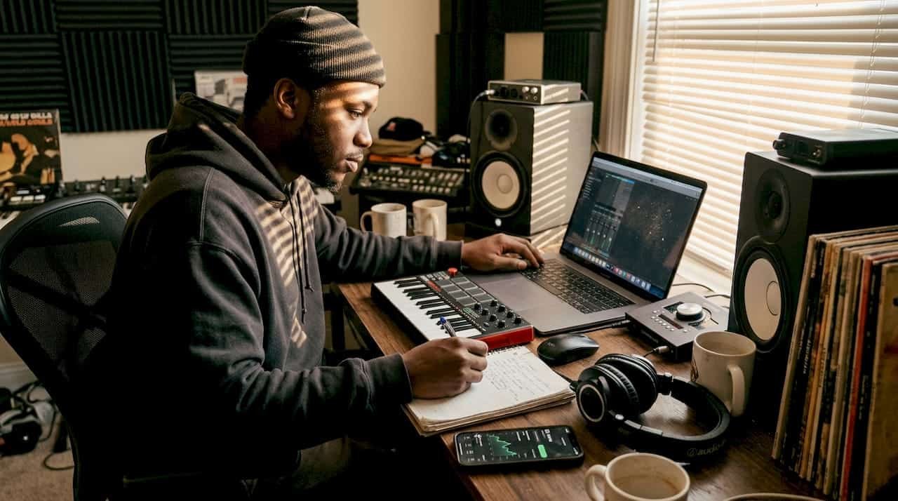 Producer working in home hip-hop studio