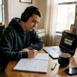 Person studying hip-hop culture at home table