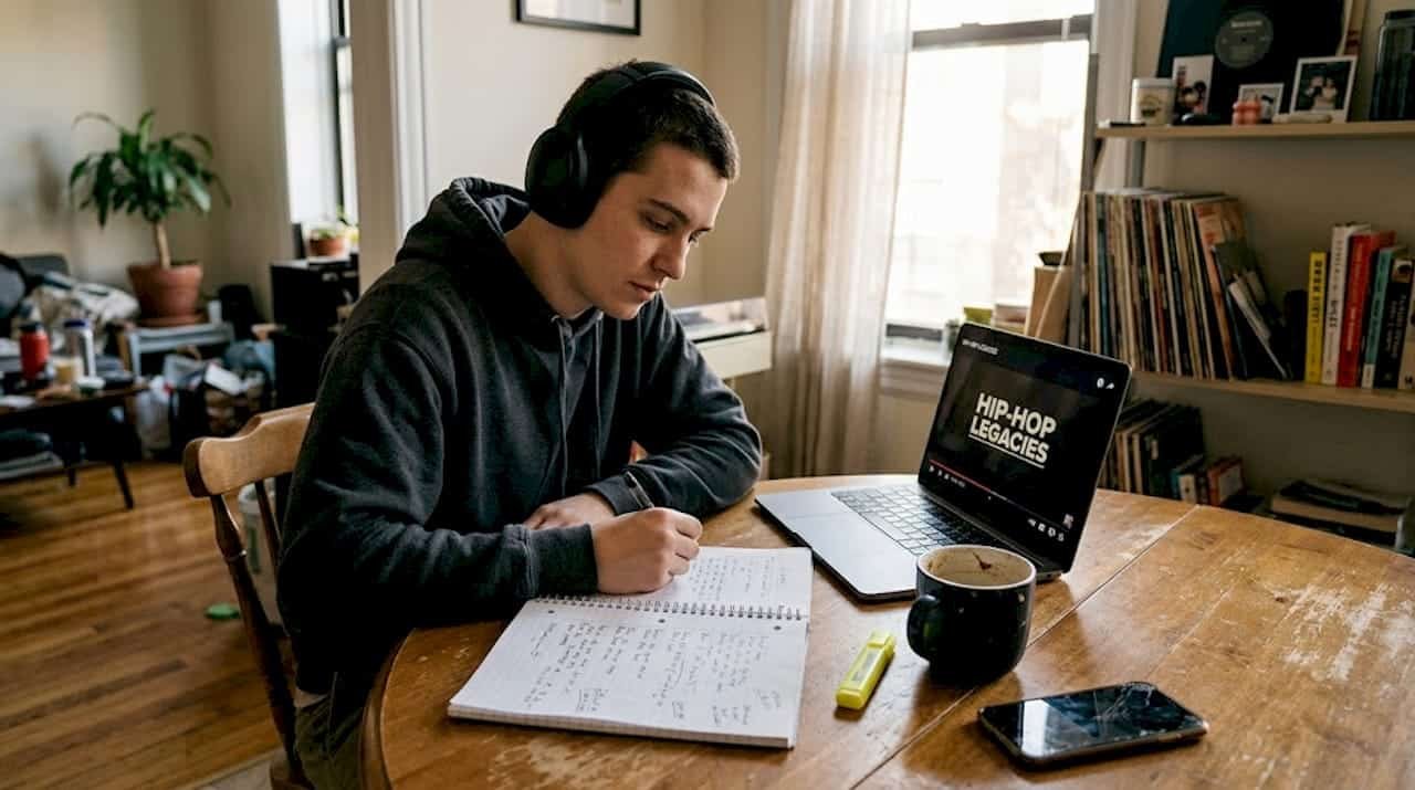 Person studying hip-hop culture at home table
