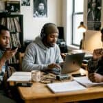 Rap artists collaborating in a home studio
