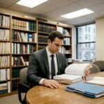 Attorney reviewing lawsuit documents at office table
