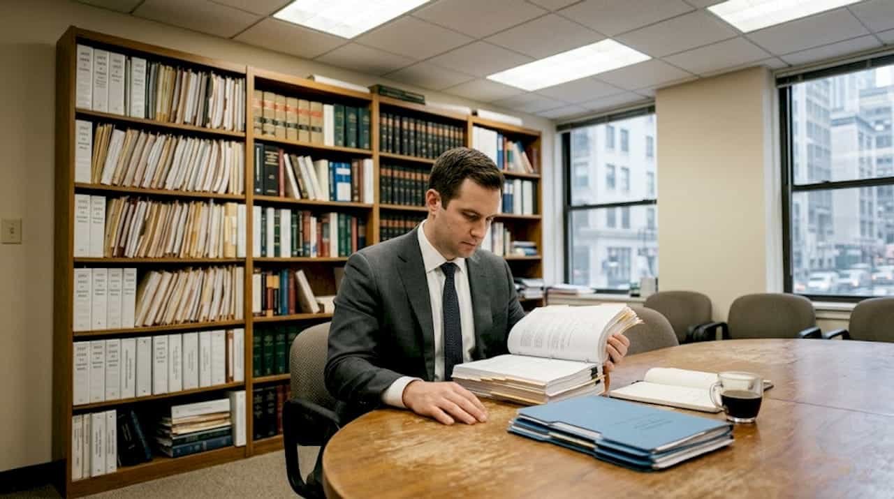 Attorney reviewing lawsuit documents at office table