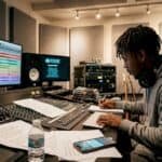 Rapper working in recording studio on album
