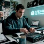 Home studio music producer at work