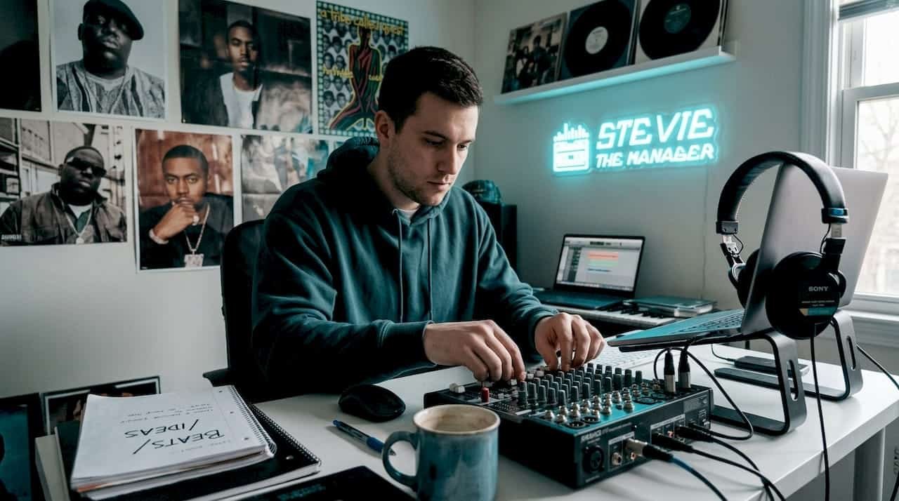 Home studio music producer at work