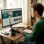 Young man compares finance sites at home desk