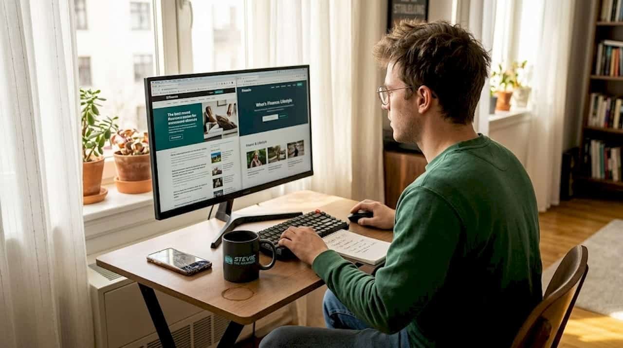 Young man compares finance sites at home desk