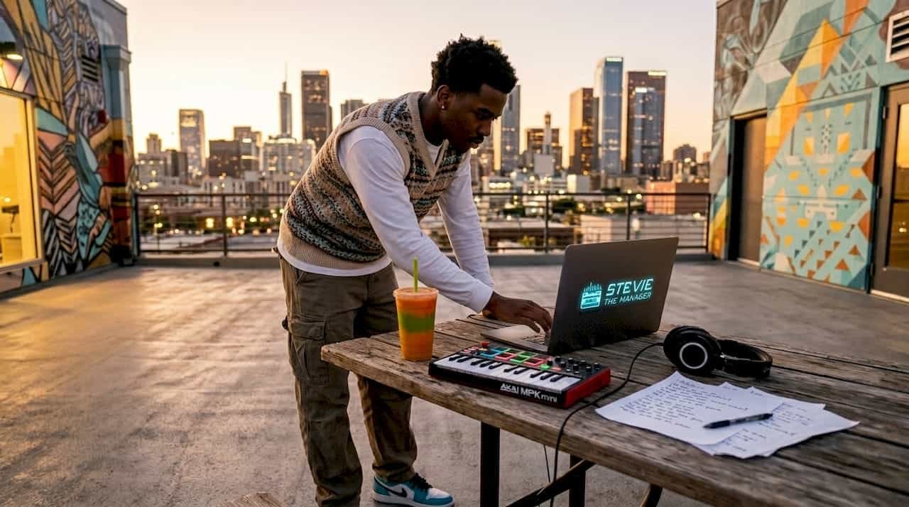 Hip-hop artist working in bedroom studio