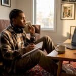 Rapper writing lyrics in home studio