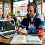 Man updates rap playlist at kitchen table