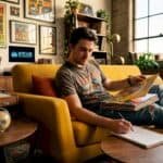 Music fan reviewing vinyl rap albums and taking notes