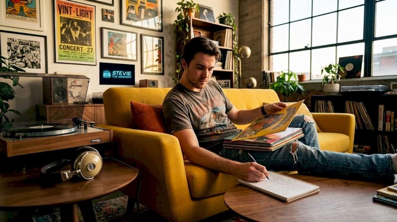 Music fan reviewing vinyl rap albums and taking notes