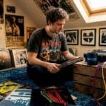 Person surrounded by vintage rap albums at home