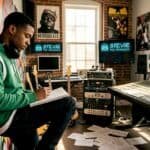Young rapper writing lyrics in studio