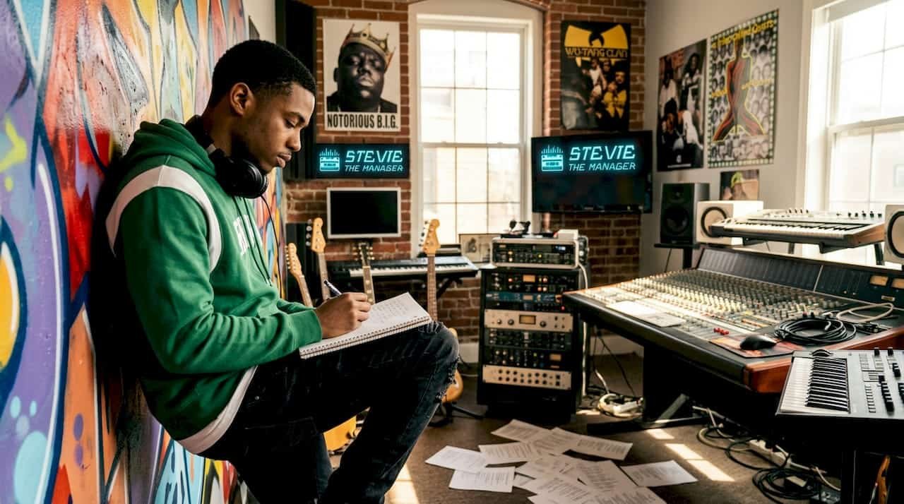 Young rapper writing lyrics in studio