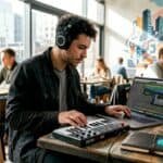 Producer working on rap in home studio setup