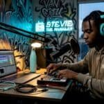 Rapper working in a compact home studio setup
