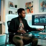 Music producer adjusting vocal plugins in home studio