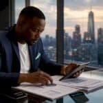 Rapper reviewing business documents in office
