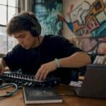 Music producer using studio headphones at mixing desk