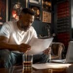 Rapper reviewing business financial reports in studio office