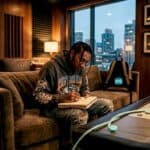 Rapper Tyga adjusting mixing board in recording studio