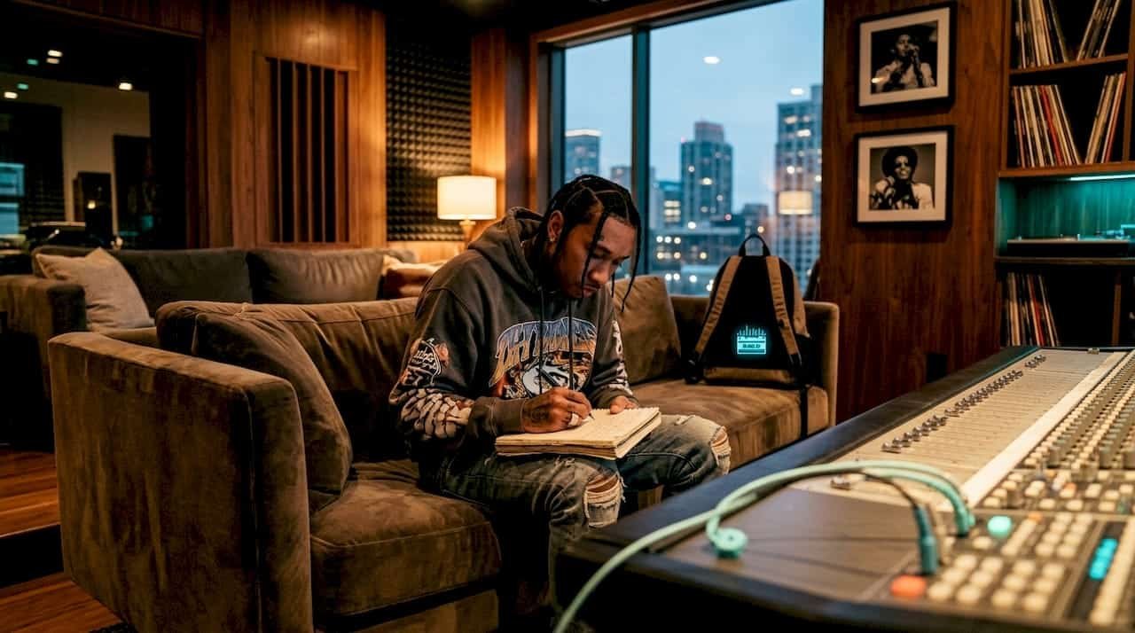 Rapper Tyga adjusting mixing board in recording studio