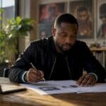 Record label professional reviewing artist plans