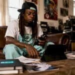 Hip-hop artist in recording studio reviewing music earnings