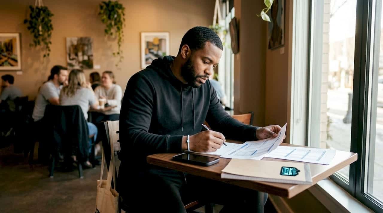 Stevie The Manager working on documents at a cafe window.