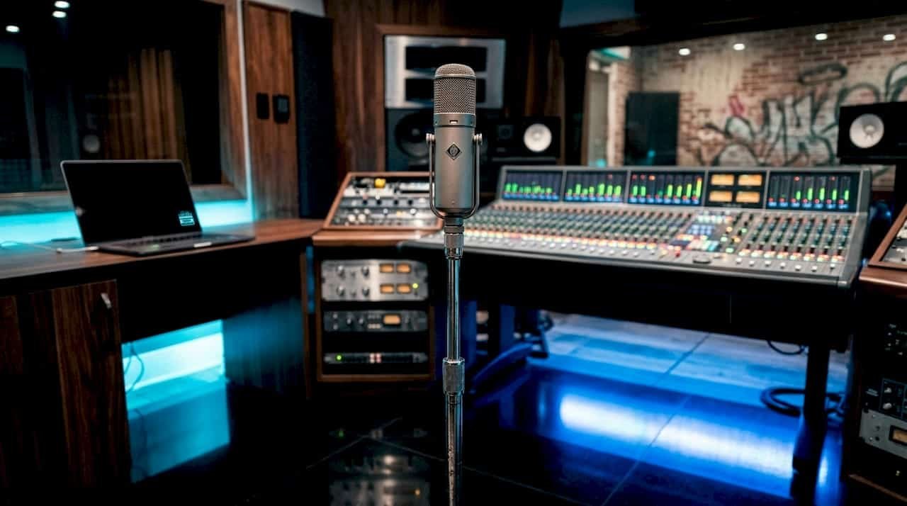 Vintage Brooklyn recording studio with microphone